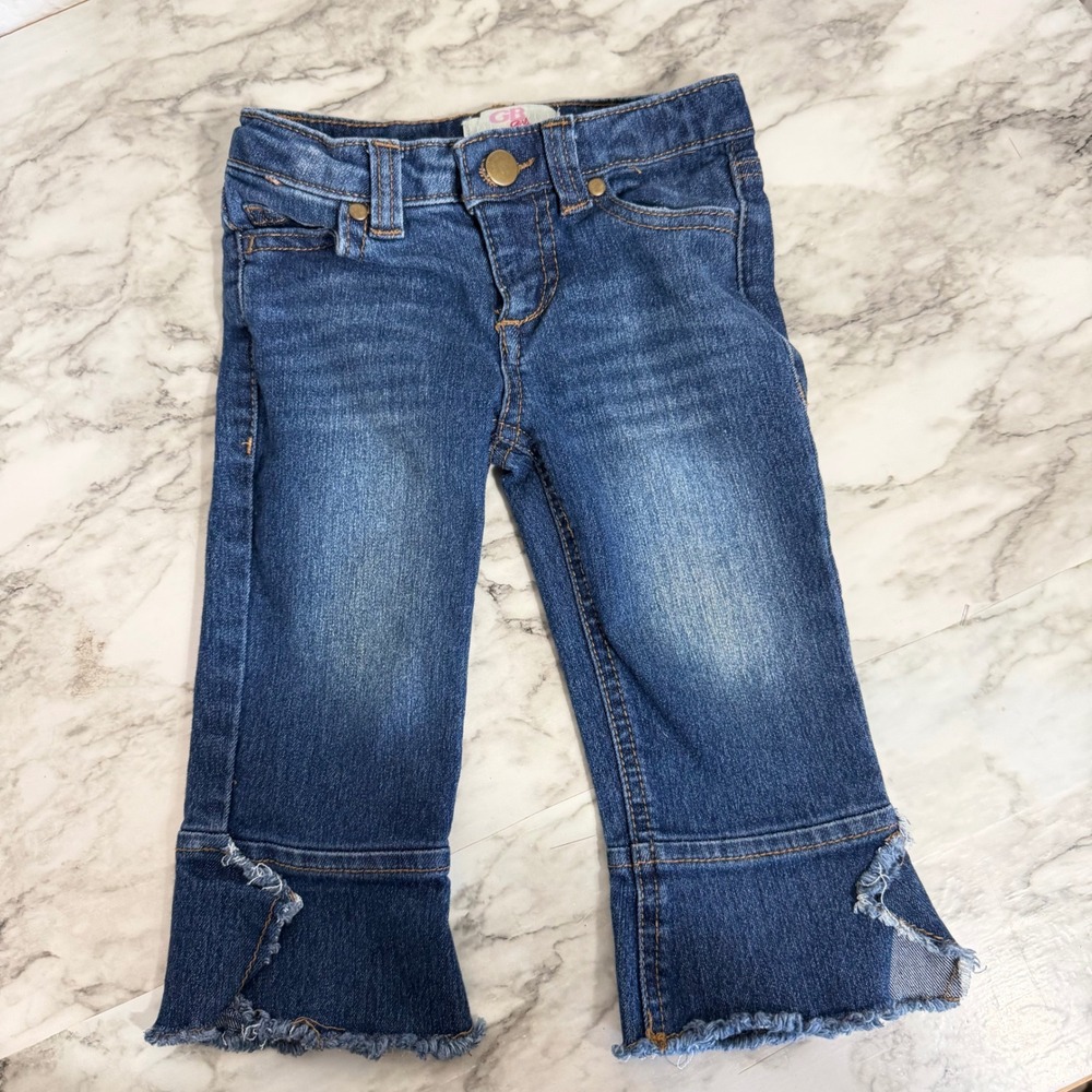GB Girls Blue Denim Jeans Medium Wash Frayed Raw Hem Tulip Crop Pants Kids